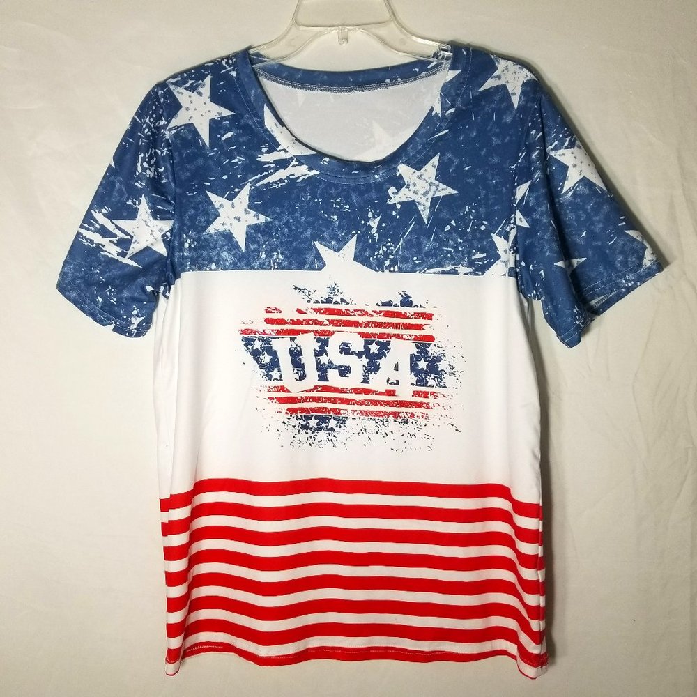 Colorblock Women XL (No Tag) Stars Stripes USA Flag Crew Neck Short Sleeve Shirt